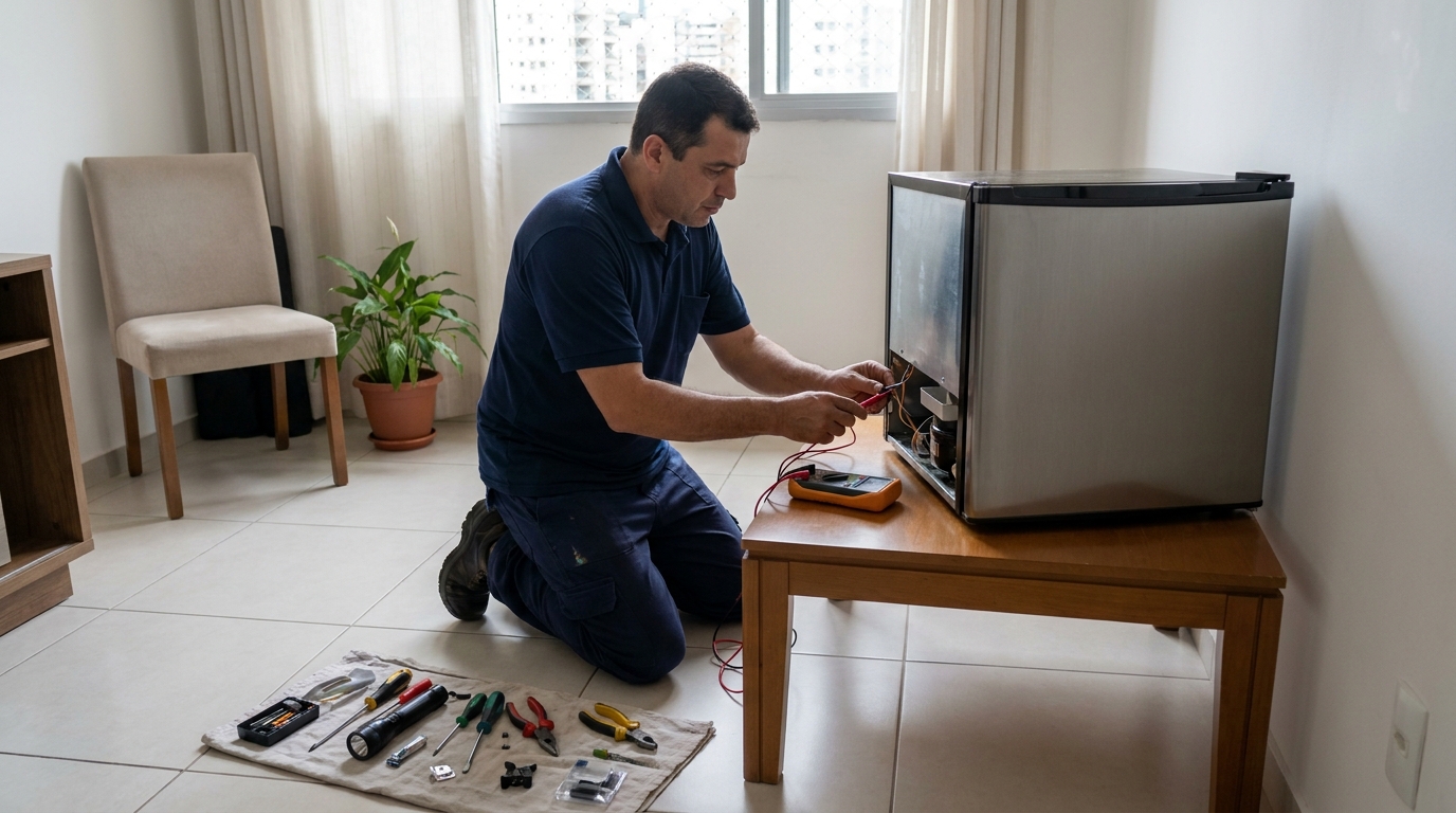 Técnico realizando manutenção de motor de frigobar em Jundiaí‑SP