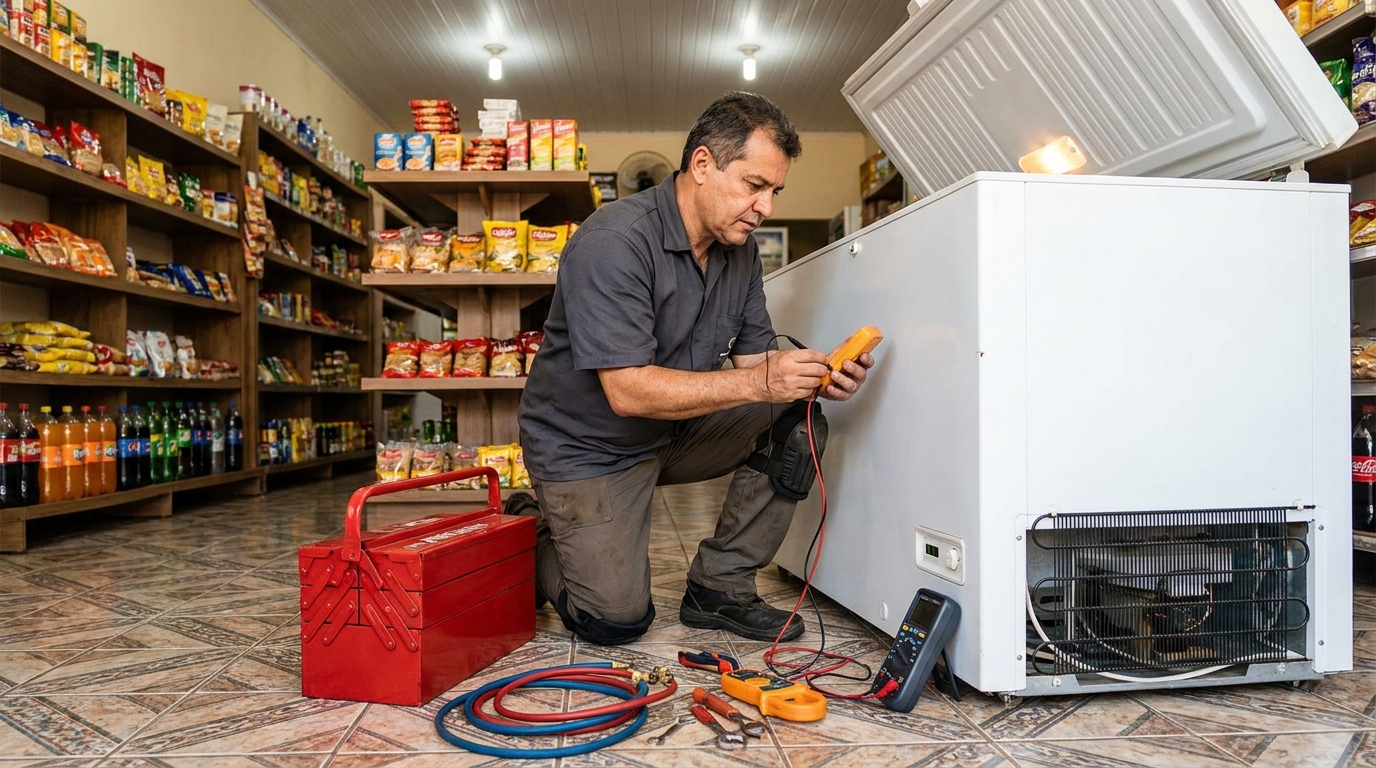 Recarga de gás refrigerante em freezer em atendimento em Jundiaí‑SP